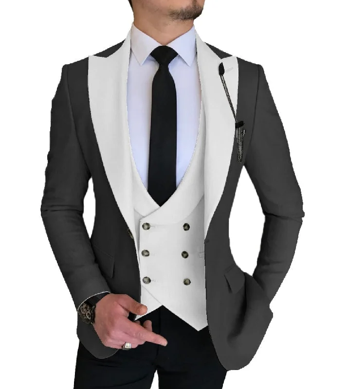 men's luxury wedding tuxedo with bow tie -Mens 3 Piece Slim Fit Vest Solid Peak Lapel Tuxedo (Blazer + Vest + Pants)