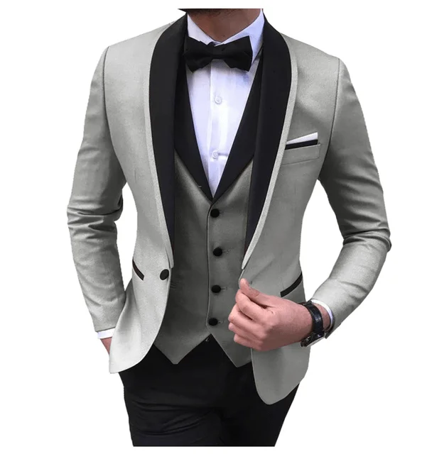 men's grey tuxedo with vest for business -Men's 3 Pieces Fashion Shawl Lapel Tuxedos For Wedding Groomsmen(Blazer+vest+Pants)