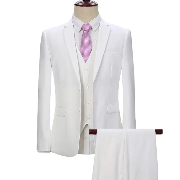 men's grey wool tuxedo with satin trim -Men's 3 Pieces Notch Lapel Prom White Suit (Blazer + Vest + Pants)