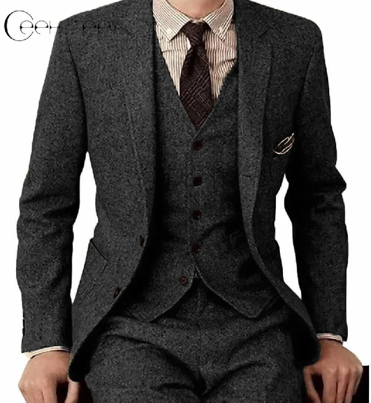 men's custom wedding tuxedo jackets -Men's 3 Pieces Suit Classic Tweed Notch Lapel Tuxedos Prom(Blazer+vest+Pants)