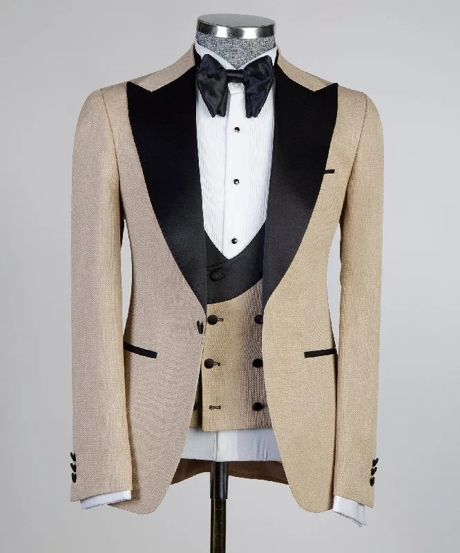 men's slim fit wool tuxedo with bowtie -Mens Beige Tuxedo Black Lapel