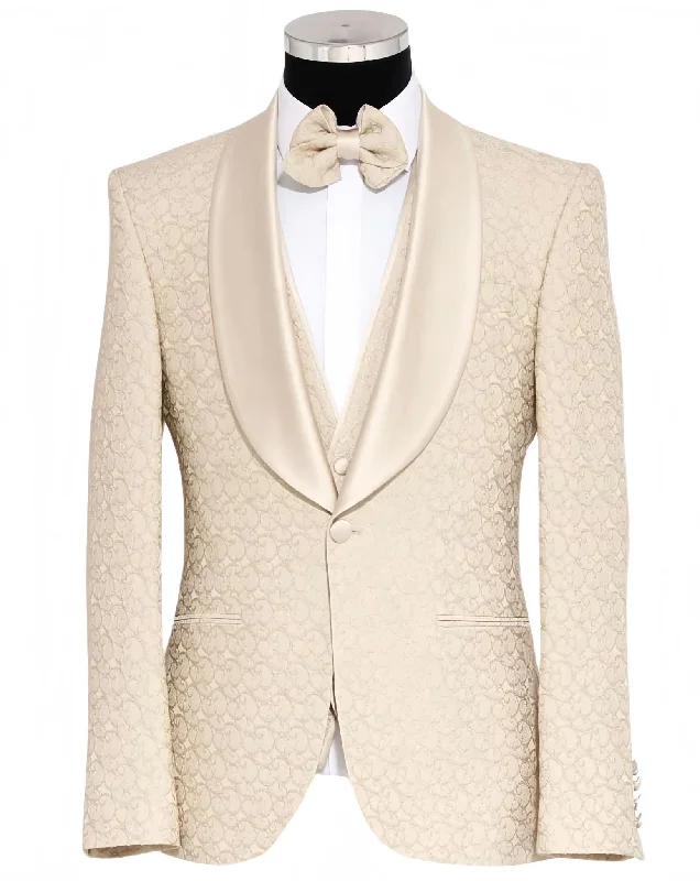 men's grey business tuxedo with satin finish -Men's Beige Tuxedo Wedding