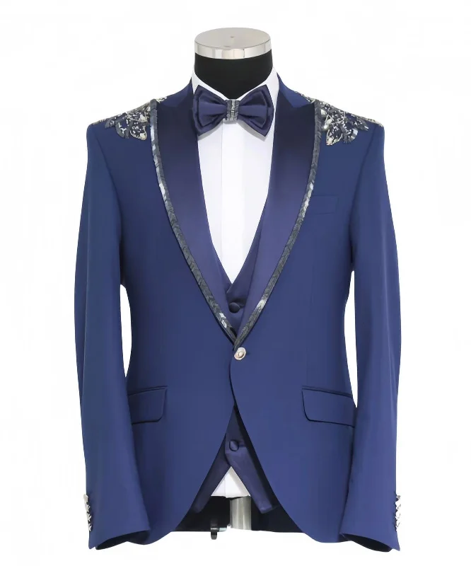 men's business tuxedo with vest and tie -Mens Blue Tuxedo Jacket