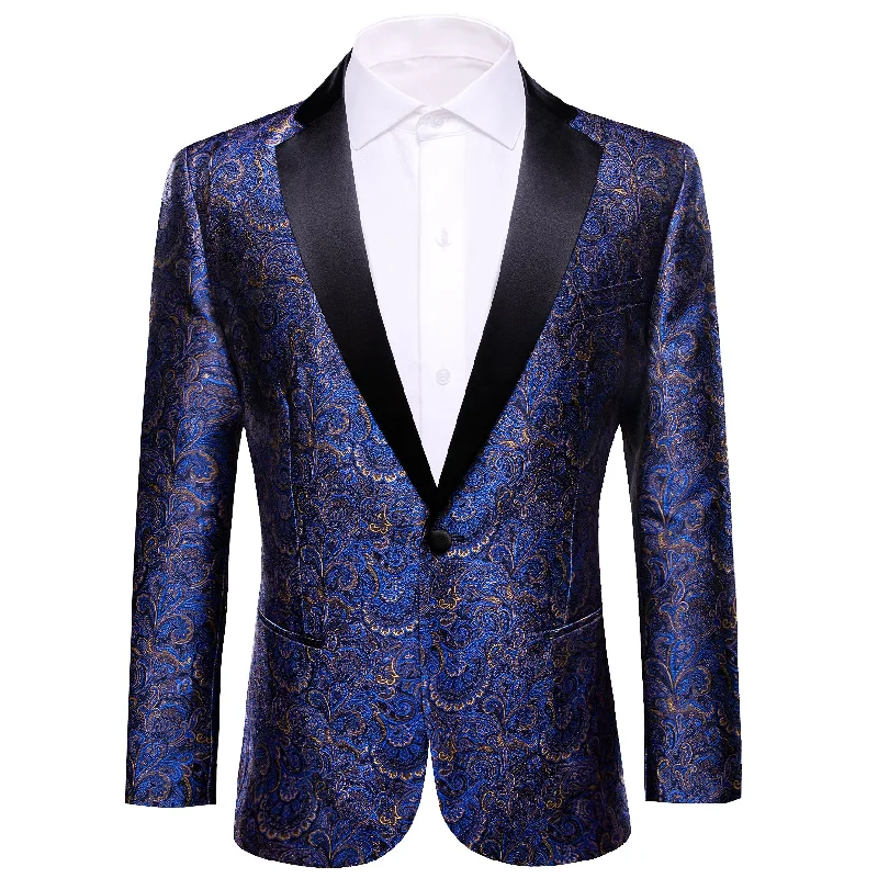 men's bespoke tuxedo suits -Barry Wang Men Wedding Top Blue Paisley Slim One Button Stylish Blazer