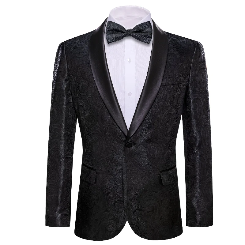 men's luxury black wedding tuxedo -Barry Wang Wedding Suit Black Paisley Jacquard Blazer with Bowtie