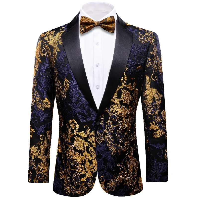 men's formal grey wool business suit -Men Tops Blue Gold Paisley Suit Jacket One Button Barry Wang Blazer