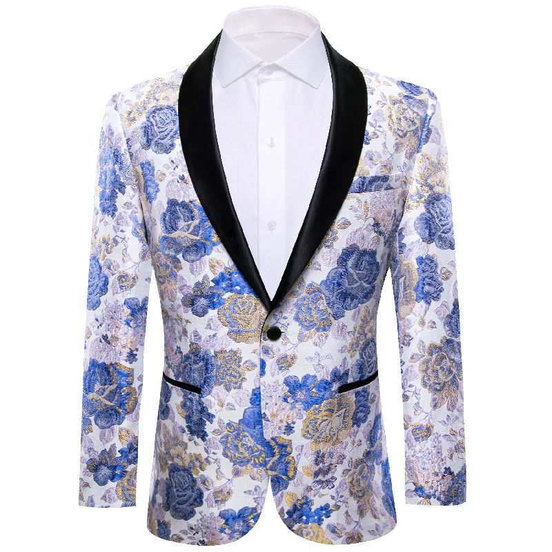 men's tailored three-piece grey tuxedo -Men's Dress Party Blue White Flower Suit Jacket Slim One Button Stylish Blazer