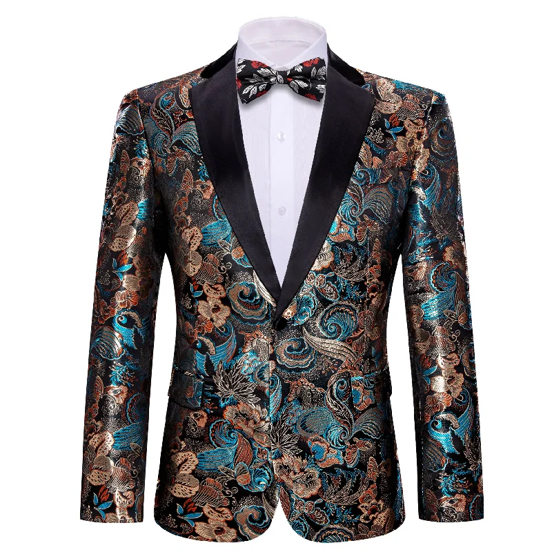 men's luxury grey wedding tuxedo suit -Men's Dress Party Brown Blue Floral Suit Jacket Slim One Button Stylish Blazer