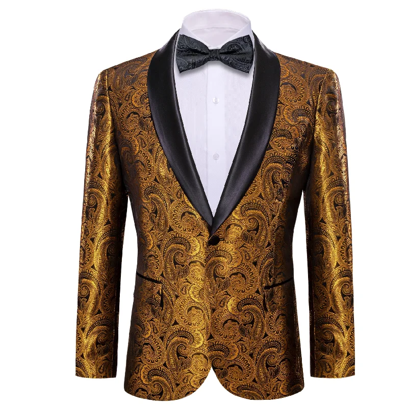 men's stylish navy tuxedo suit -Barry Wang Men's Blazer Brown Gold Floral One Button Stylish Suit