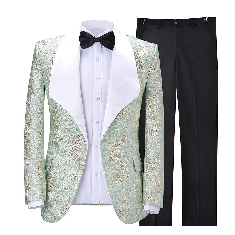 men's navy wedding tuxedo with vest -Men's Floral Shawl Lapel Patterned Blazer Dress Suit (Blazer+Pants)