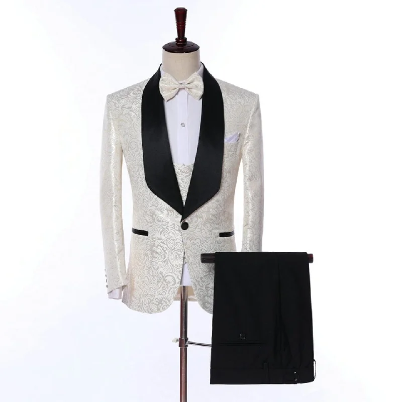 men's business tuxedo jacket with pleats -Men's Floral Tuxedo Suit Jacket Patterned Slim Fit Dinner Jacket (Blazer+vest+Pants)