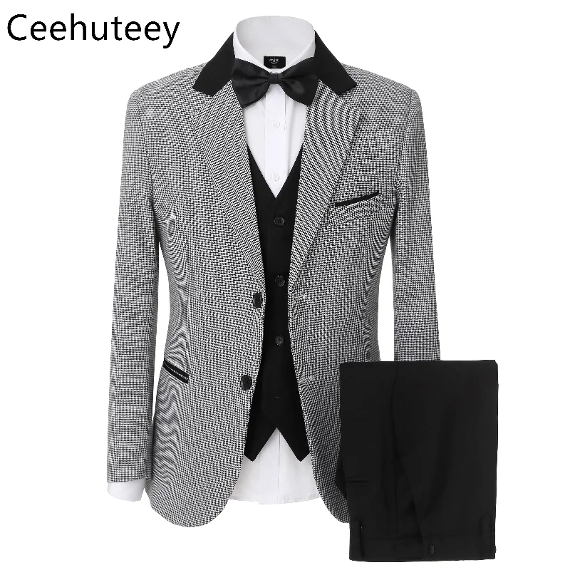 men's formal tuxedo jacket with pocket square -Men's Houndstooth Formal Notch Lapel  for wedding party Tuxedos (Blazer + Vest +Pant)