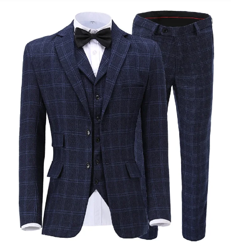 men's wool tuxedo for wedding guests -Mens Plaid 3 Piece Suits Slim Fit Double Breasted Plaid(Blazer+vest+Pants)