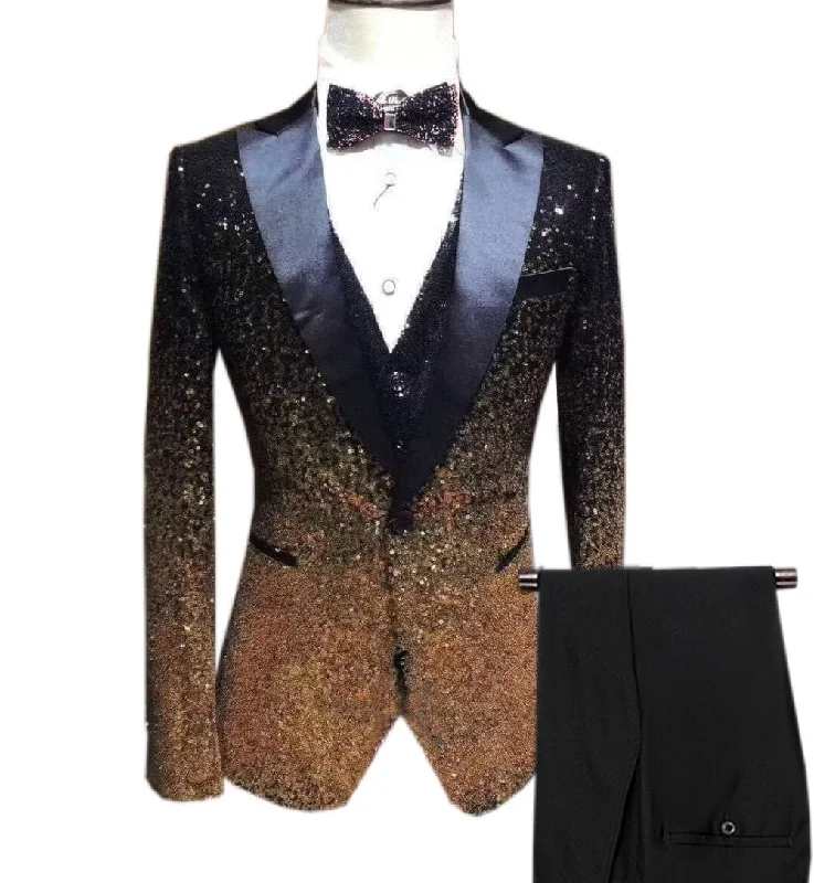 men's navy wedding tuxedo for groom -Men's Shiny Sequins 3 Piece Suit Blazer One Button Wedding Prom Tuxedo (Blazer + Vest + Pants)