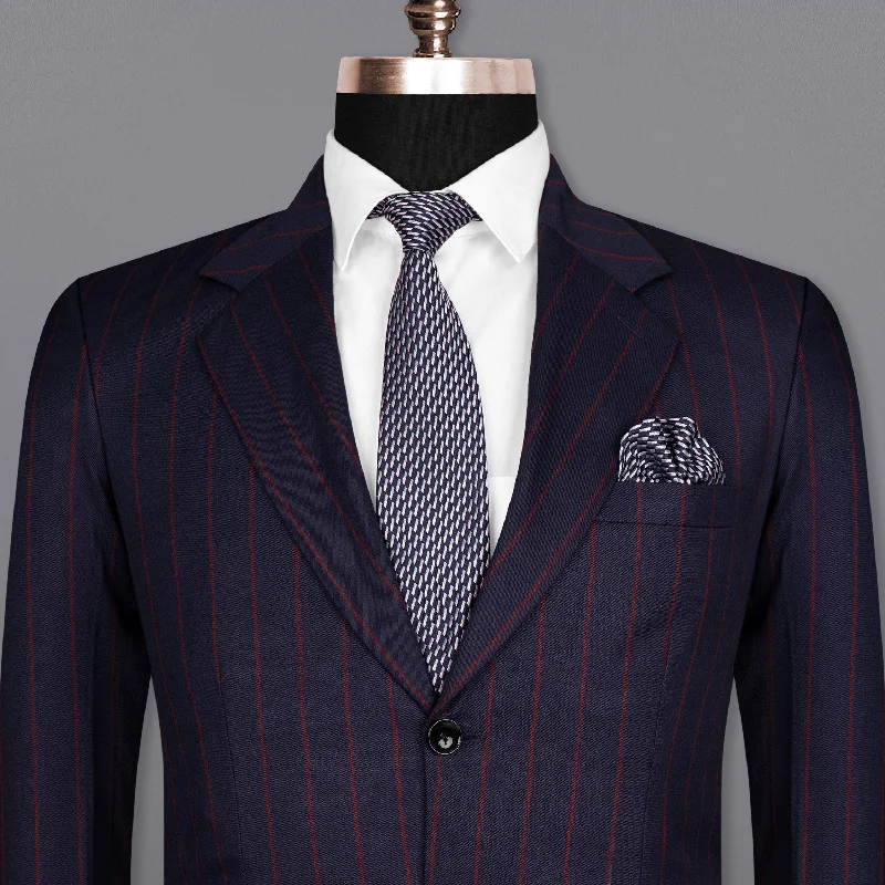 men's modern tuxedo with wool fabric -Midnight Express Blue Striped Wool Rich Blazer