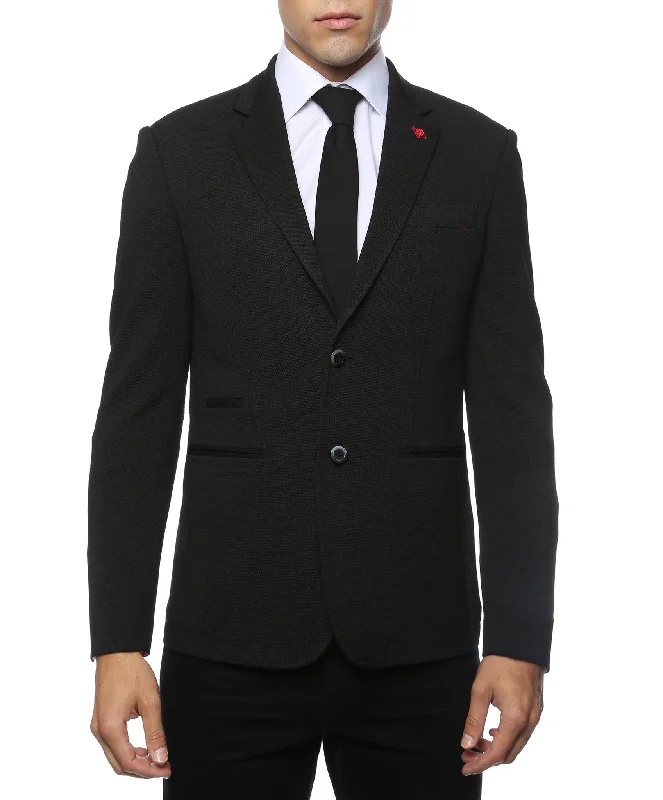 men's black tuxedo with satin lapels for wedding -Modena Black Knit Slim Fit Blazer