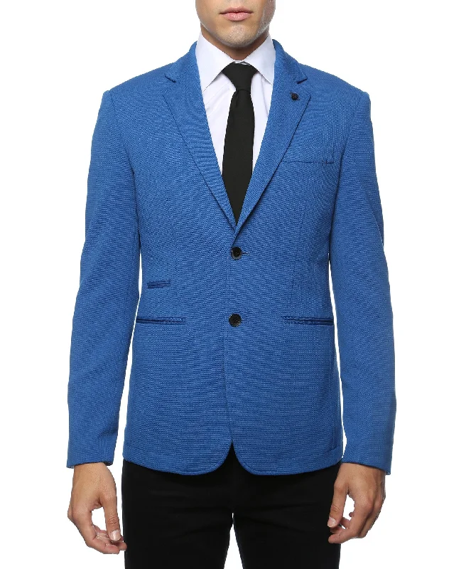 men's navy tuxedo with satin lapels for wedding -Modena Royal Blue Knit Slim Fit Blazer