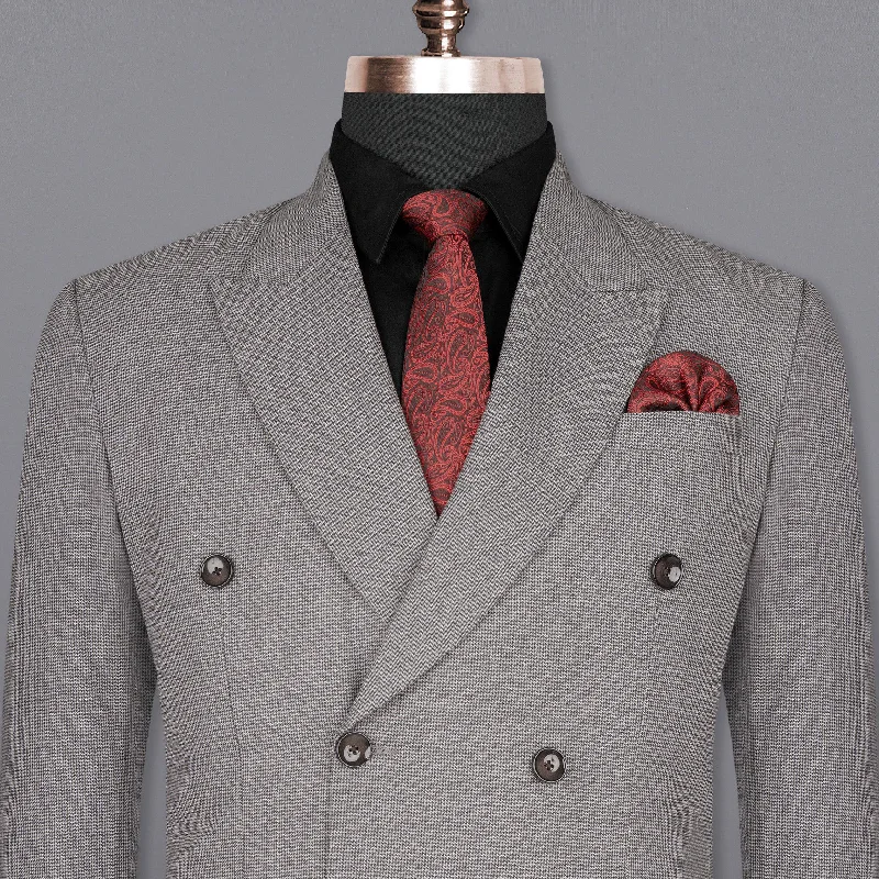 men's business grey tuxedo jacket with tie -Mountain Mist Gray Houndstooth Wool Rich Double Breasted Blazer