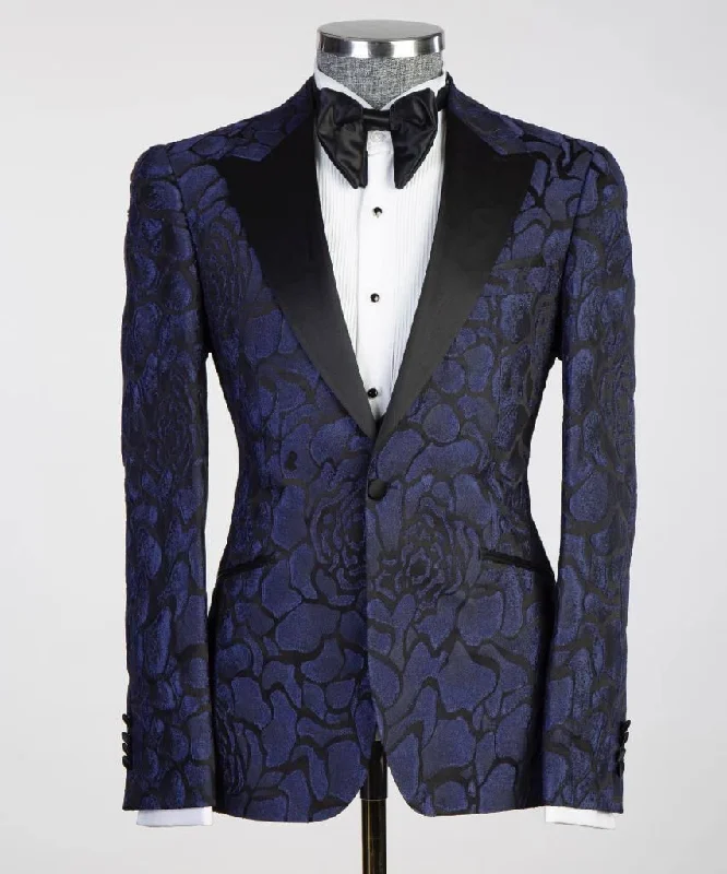 men's business formal tuxedo jacket set -Navy Blue Floral Tuxedo For Men