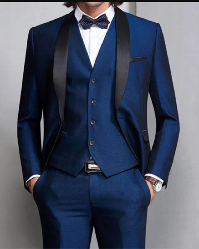 men's modern slim fit tuxedo for meetings -Navy Blue Men Suits for Wedding Suit Man Blazers Black Shawl Lapel Slim Fit Groom Tuxedos 3Piece Latest Coat Pant Designs Costum CB10718