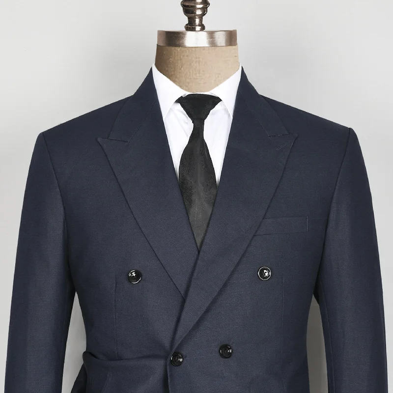 men's business grey tuxedo for formal events -Navy Double-Breasted Linen Performance Blazer