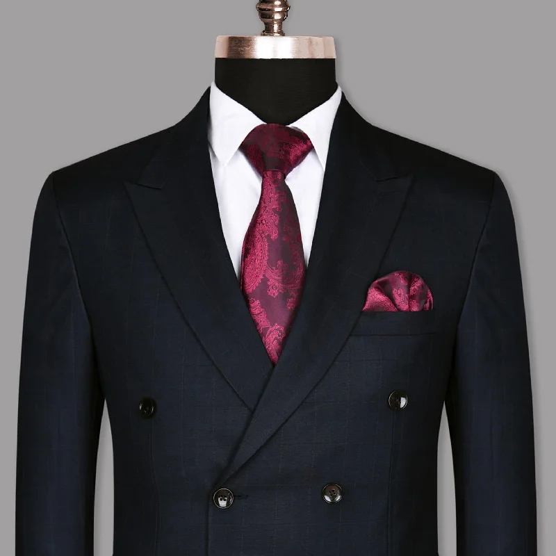 men's wedding tuxedo with pleated shirt -Navy Subtle Windowpane Wool Rich Double Breasted Blazer