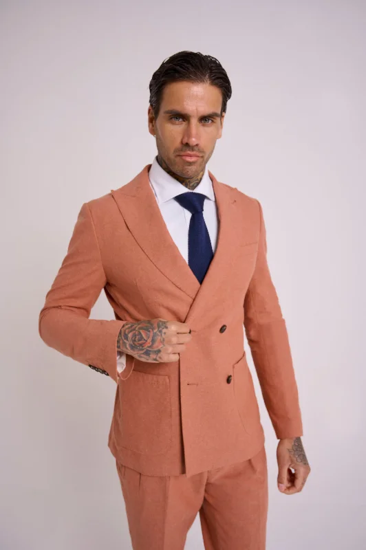 men's business formal tuxedo jacket set -Oliver Slim Fit Linen Cotton Blend Double Breasted Suit Blazer in Rust Red