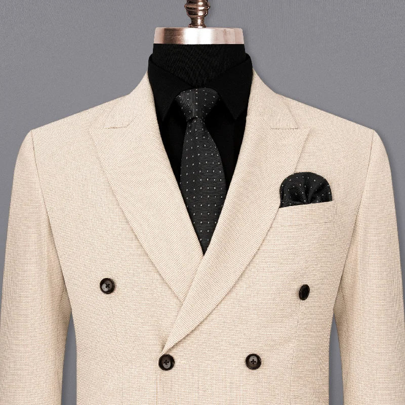 men's grey wool tuxedo with formal tie -Parchment Cream Houndstooth Double Breasted Blazer