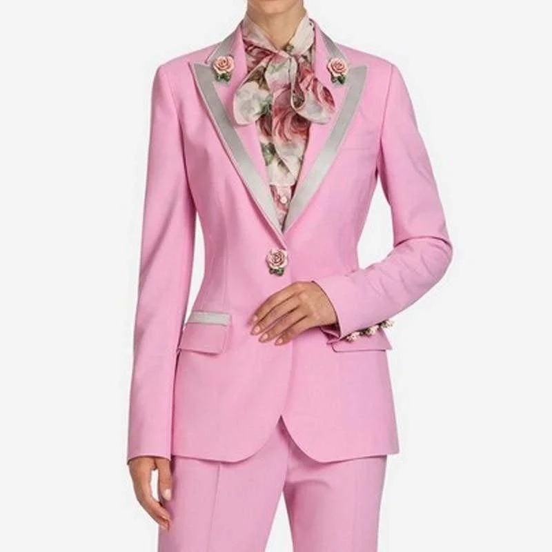 men's grey wedding tuxedo with satin collar -Pink Elegant Fashion Single Button Office Lady Blazer