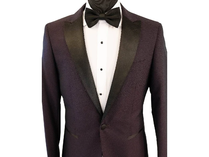 men's wool tuxedo set for formal business events -Purple Diamond Textured With Black Peak Lapel Dinner Jacket Tuxedo Rental