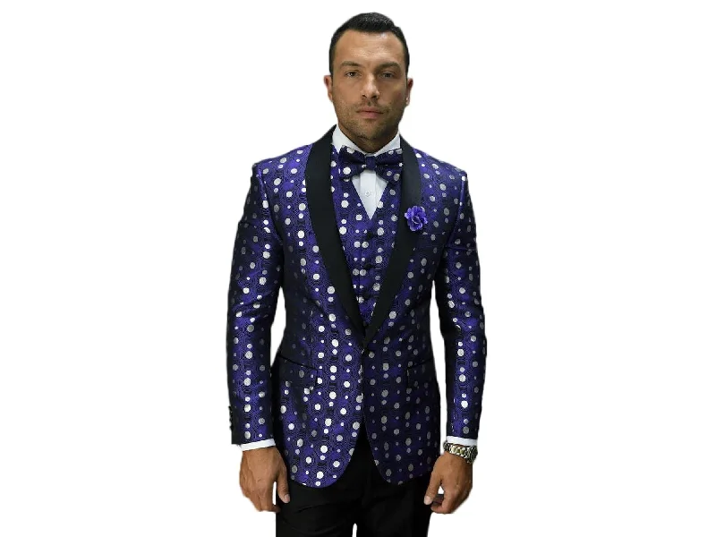 men's grey tuxedo set for business meetings -Purple With Silver Dot Luxor Shawl LapelTuxedo Rental