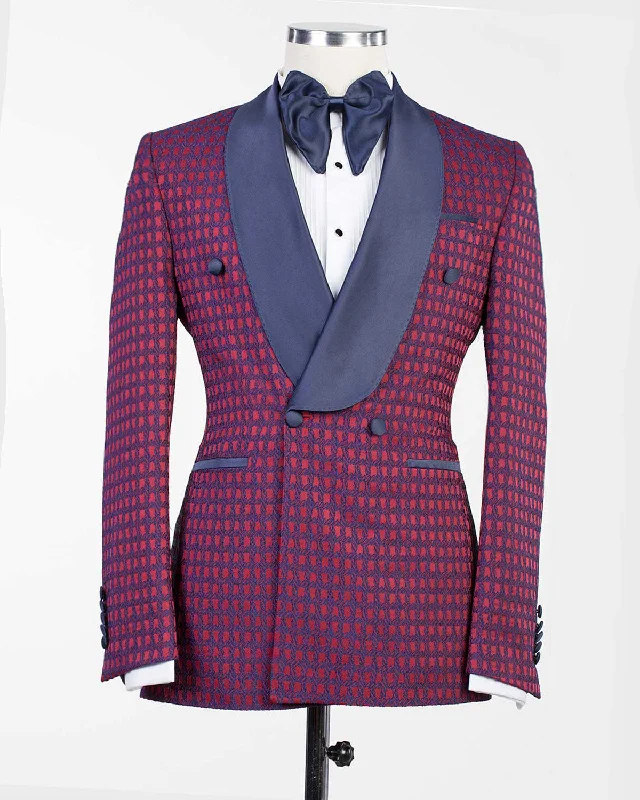 men's tailored tuxedo for black tie events -Red Check Double Breasted Tuxedo