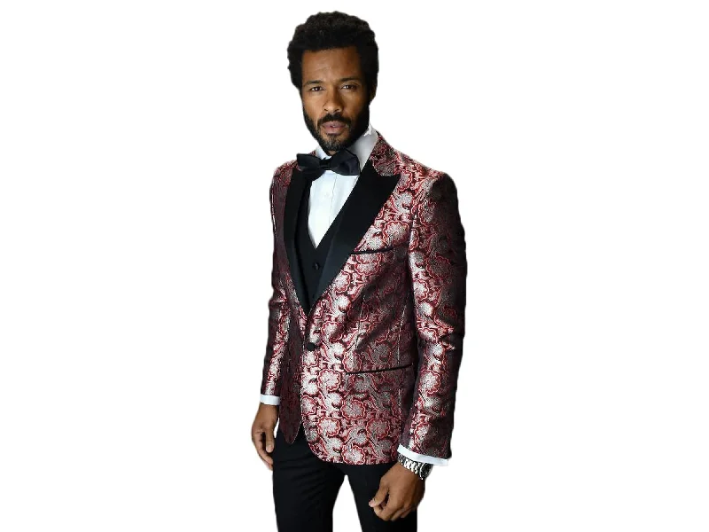 men's modern slim fit tuxedo for meetings -Red Bellagio Paisley With Black Peak Lapel Dinner Jacket Tuxedo Rental