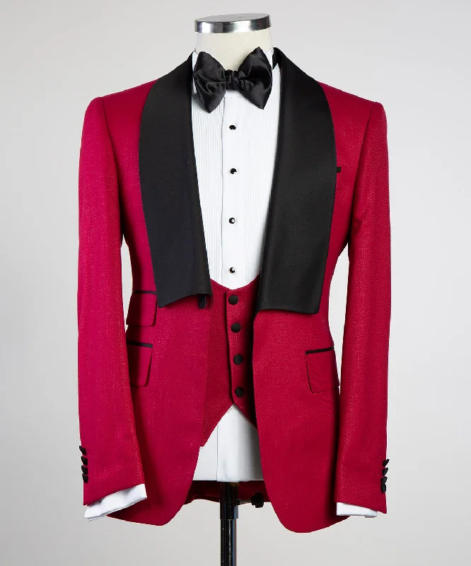 men's business tuxedo jacket with pleats -Red Tuxedo With Black Lapel