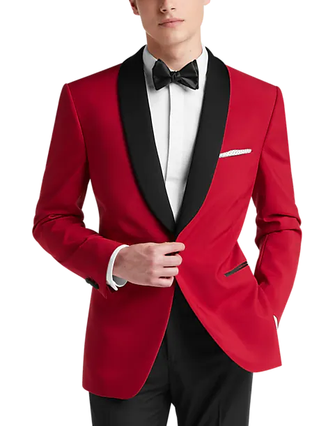 men's slim fit wool tuxedo jacket with satin lapels -Red With Black Shawl Mandalay Tuxedo Rental