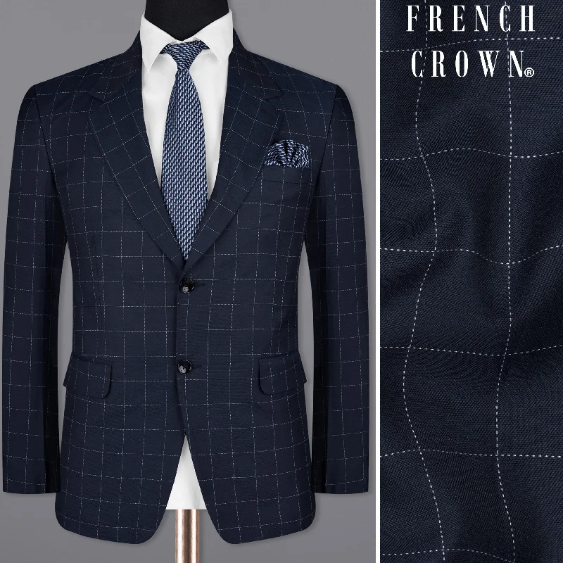 men's wool tuxedo set for formal business events -Shark Blue windowpane Wool Rich Blazer