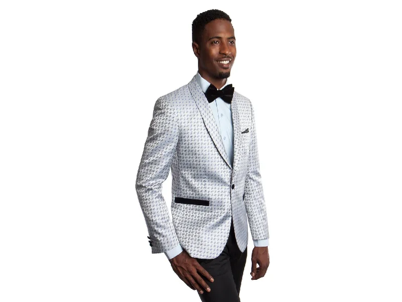 men's formal grey tuxedo jacket for wedding -Cosmo Silver & Blue Small Paisley Shawl Tuxedo Rental