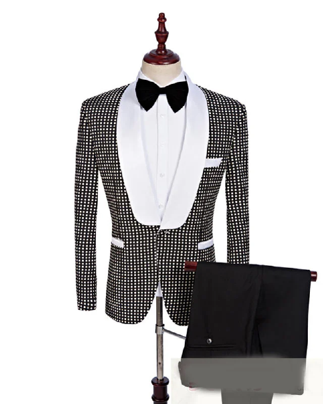 men's modern tuxedo for formal business events -Shawl Lapel Wedding Black and White Dot  Prom Tuxedo Men Blazer CB654