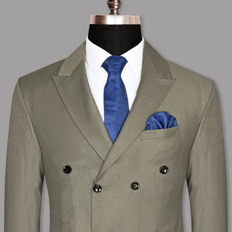 men's grey tuxedo with red tie -Silver Pinstriped Wool Blend Double Breasted Blazer