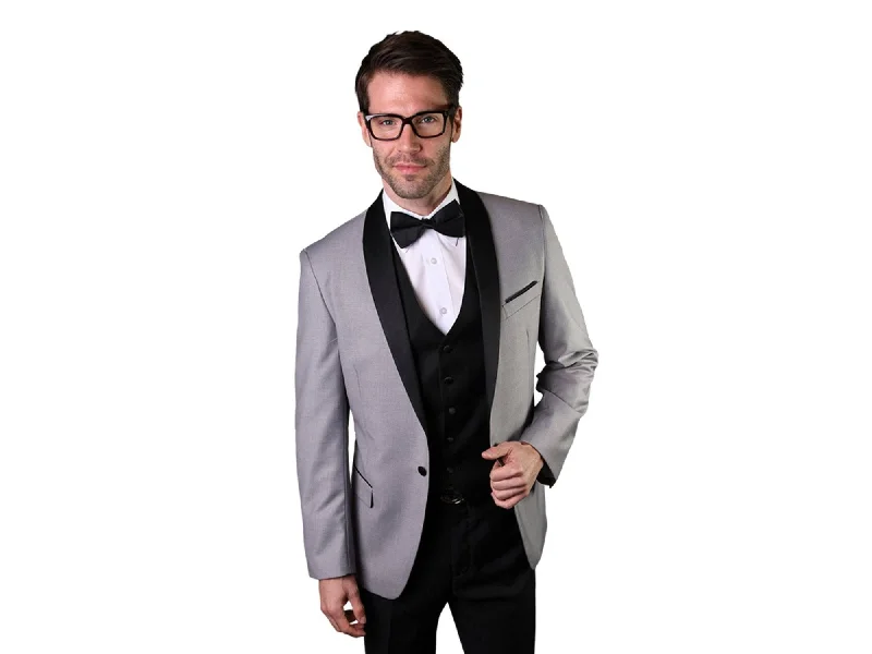 men's grey wool tuxedo for prom events -Silver With Black Shawl Mandalay Tuxedo Rental