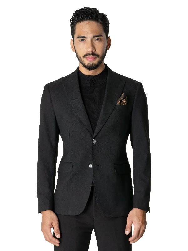 men's black wool tuxedo for weddings -Single Breasted Suit Blazer - Deep Black Plain (Peak Lapel)