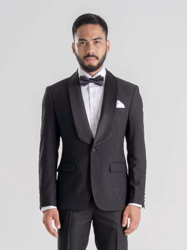 men's tailored tuxedo with satin collar -Single Breasted Tuxedo Blazer - Black Plain (Shawl Lapel)