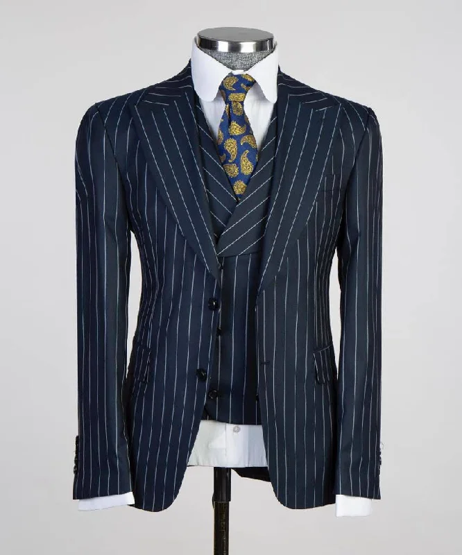 men's tailored wedding tuxedo jacket with bowtie -Striped Dark Blue Color Suit