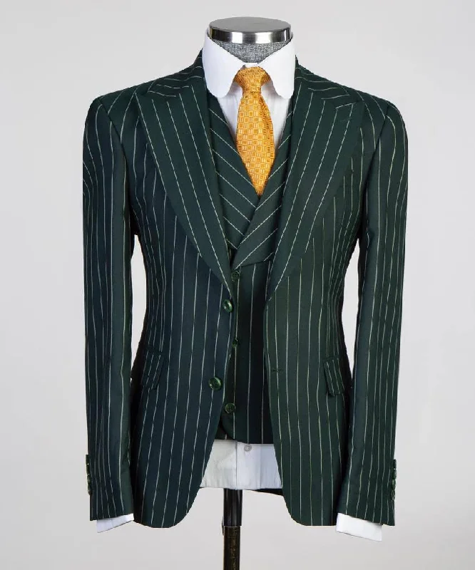 men's wool tuxedo with pleated waistcoat -Striped Forest Green Suit Mens