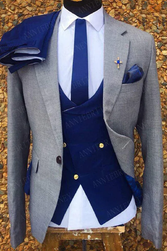 men's classic grey tuxedo jacket for wedding -Stylish Slim Fit Gray and Royal Blue blazer Outfit for Men ,3 Pieces Prom Suits 2022 CB10430