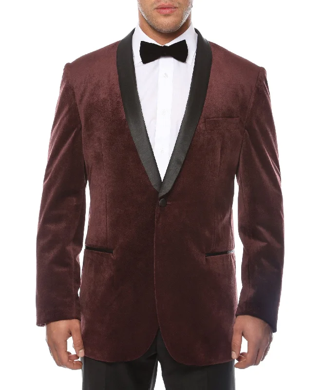 men's business grey tuxedo for office wear -Enzo Collection-Dark Burgundy Slim Fit Velvet Shawl Collar Tuxedo Blazer