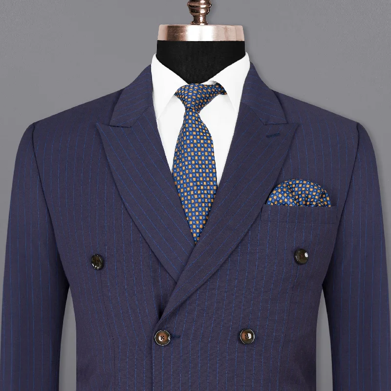 men's luxury grey wool tuxedo for office -Tuna Blue Striped Double-Breasted Wool Rich Blazer