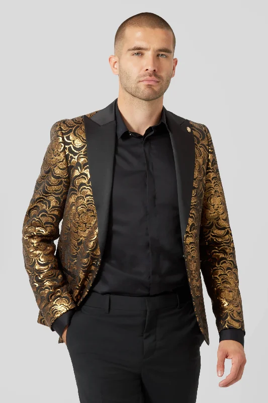 men's luxury grey wedding tuxedo suit -Emiliano Skinny Fit Gold Floral Sequin Jacket