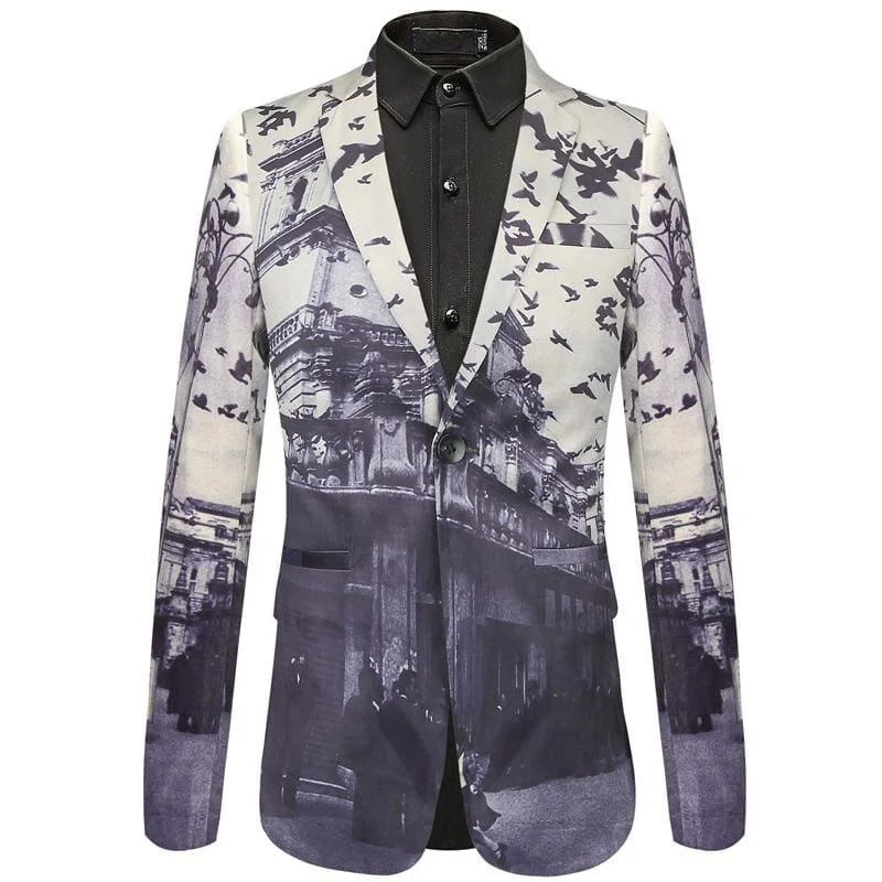 men's wool tuxedo jacket with shawl collar -Unique Bird Castle Pattern Italian Style Wedding Prom Men's Blazers Jacket