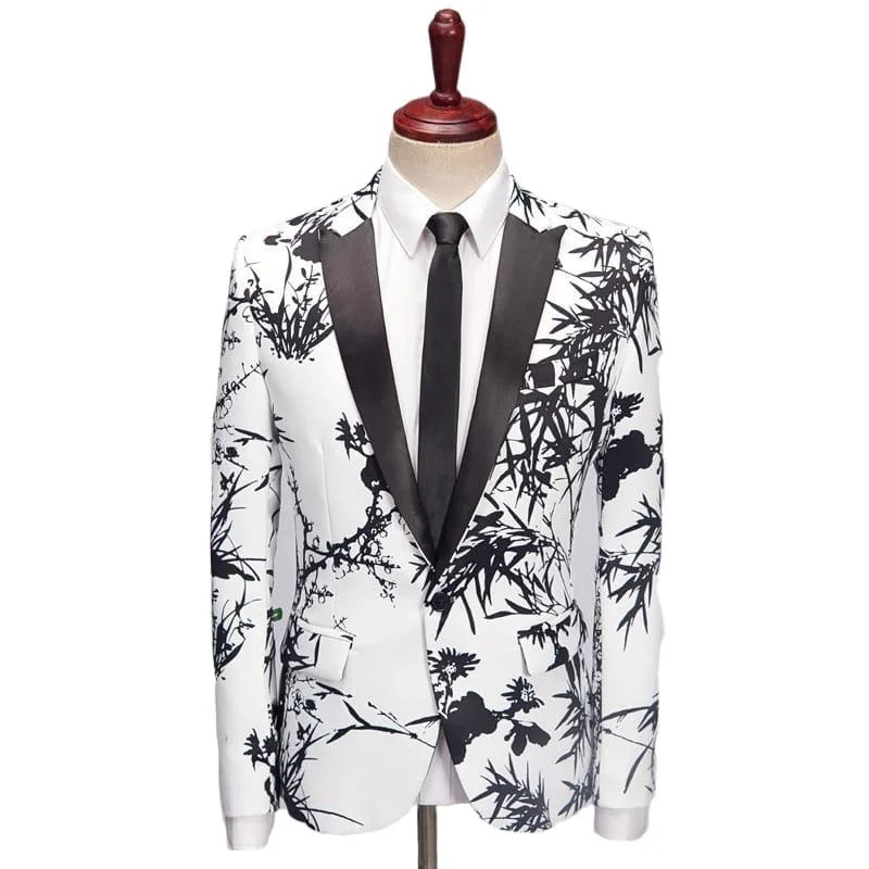 men's wedding tuxedo with cummerbund -Vintage White Black Bamboo Print Blazer Tuxedo Blazer Jackets